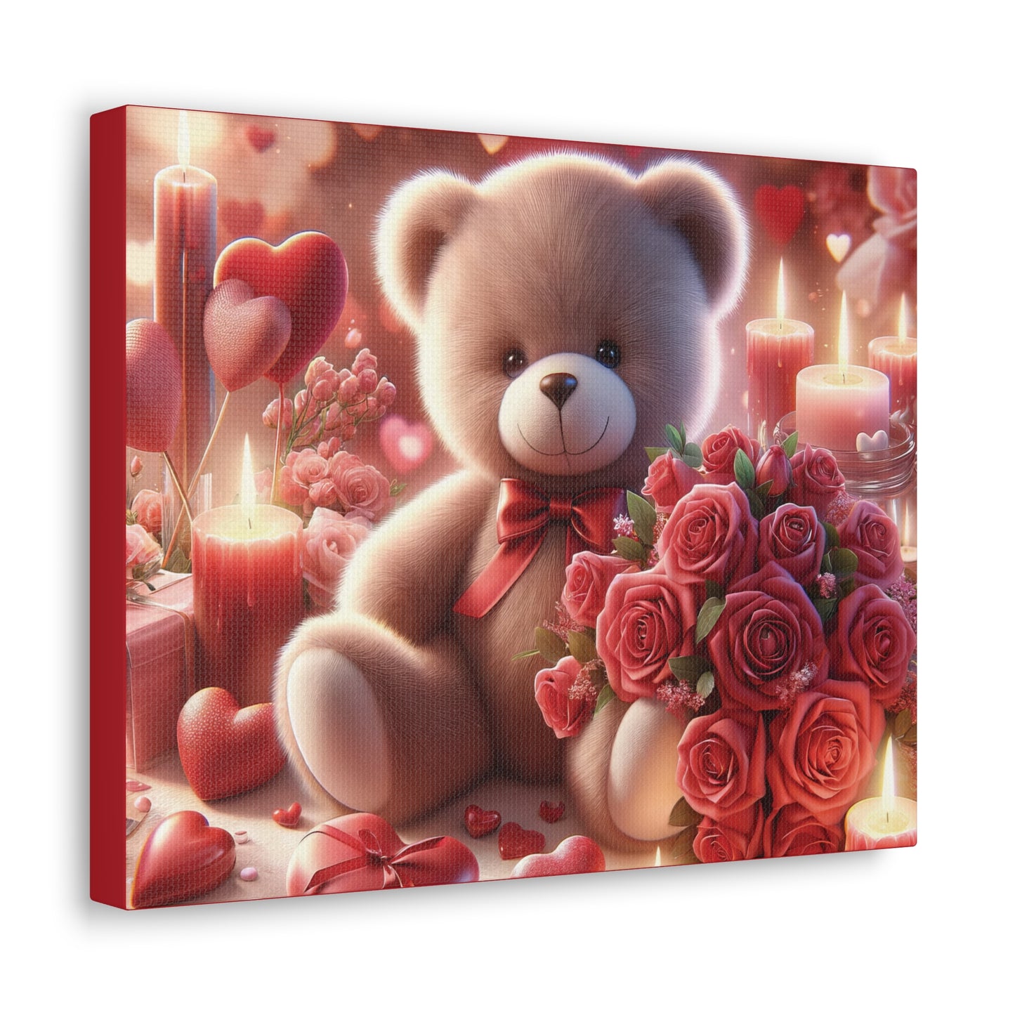 Valentines Canvas Gallery Wrap, Flowers and Hearts, Teddy Bear and Love