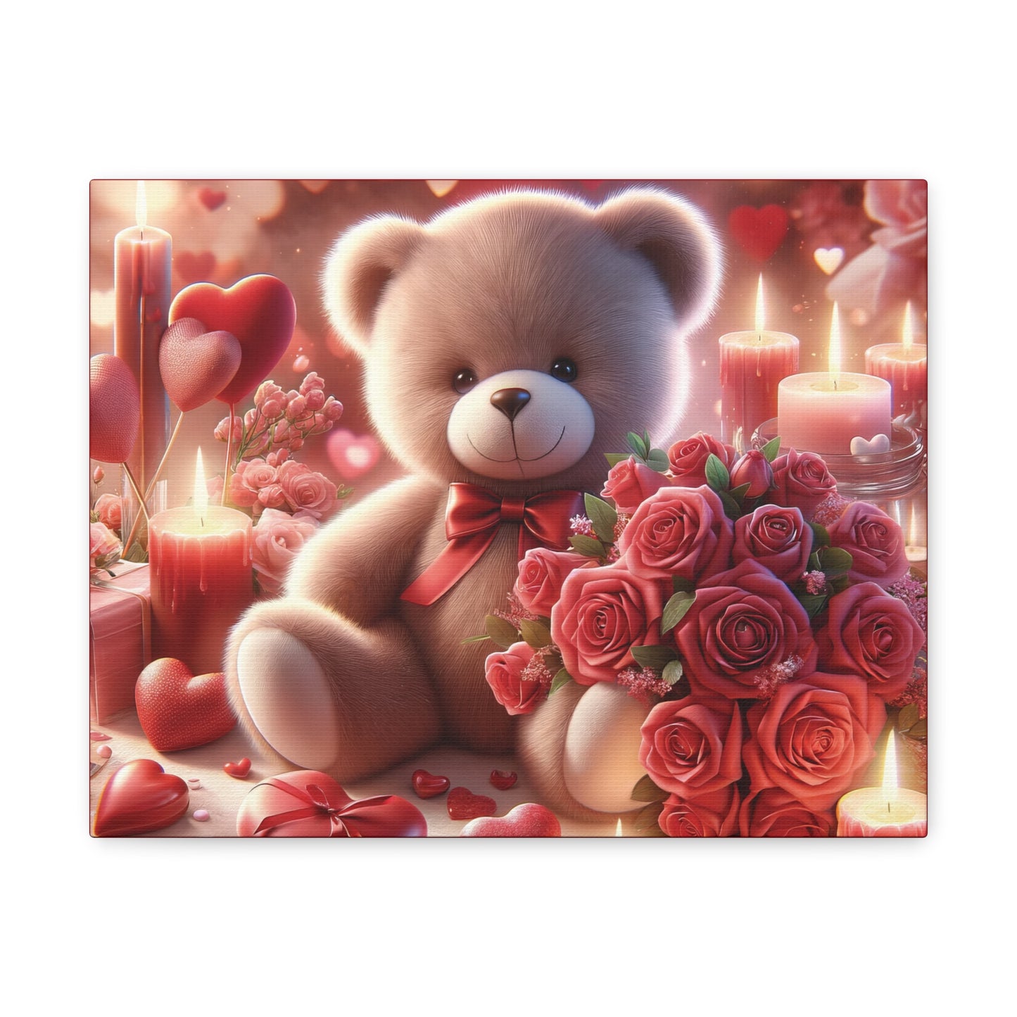 Valentines Canvas Gallery Wrap, Flowers and Hearts, Teddy Bear and Love