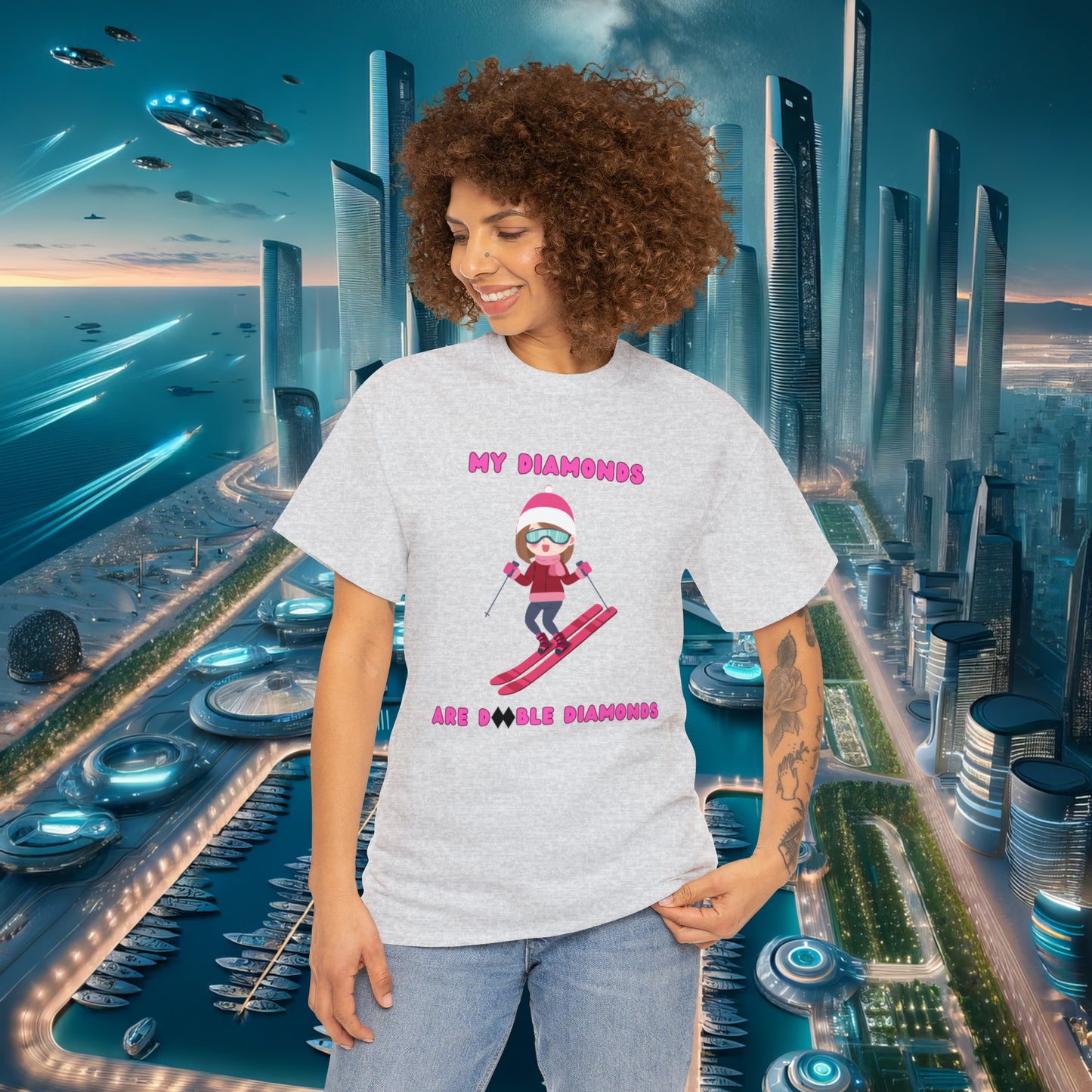 My Diamonds Are Double Diamonds Skier Girl Unisex Cotton Tee