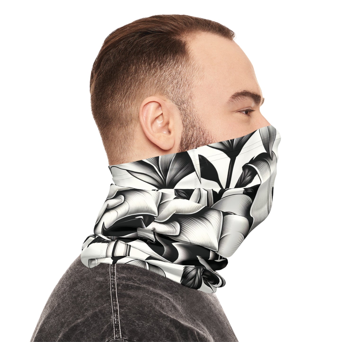 Stylish and Comfortable Floral Print In Black and White Neck Gaiter for Outdoors, Custom Neck Gaiter, Midweight Neck Tube. Unisex Bandana.