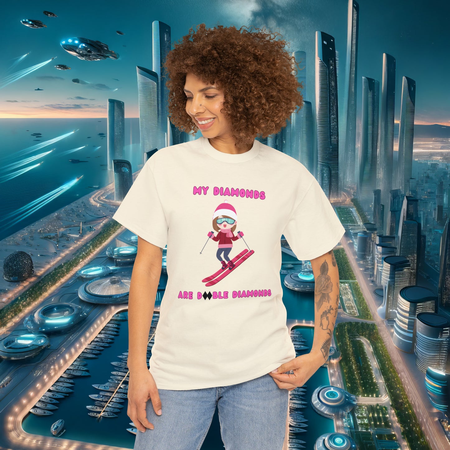 My Diamonds Are Double Diamonds Skier Girl Unisex Cotton Tee