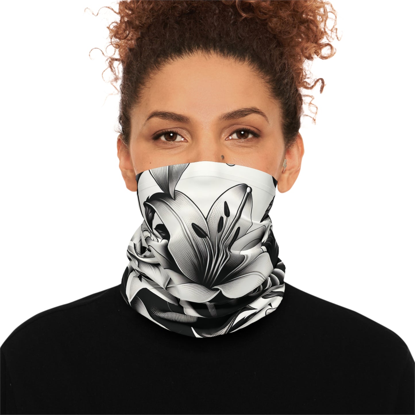 Stylish and Comfortable Floral Print In Black and White Neck Gaiter for Outdoors, Custom Neck Gaiter, Midweight Neck Tube. Unisex Bandana.