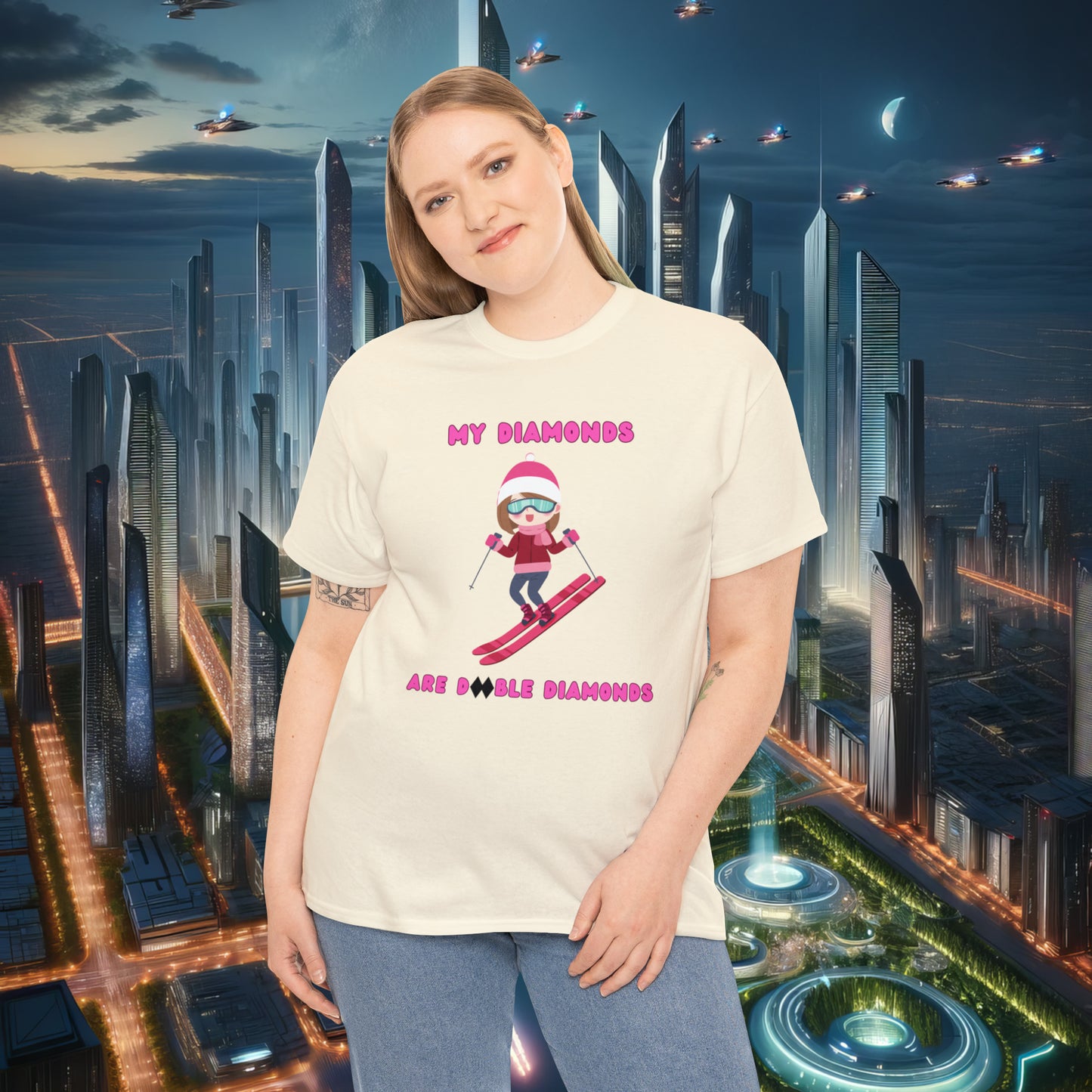 My Diamonds Are Double Diamonds Skier Girl Unisex Cotton Tee